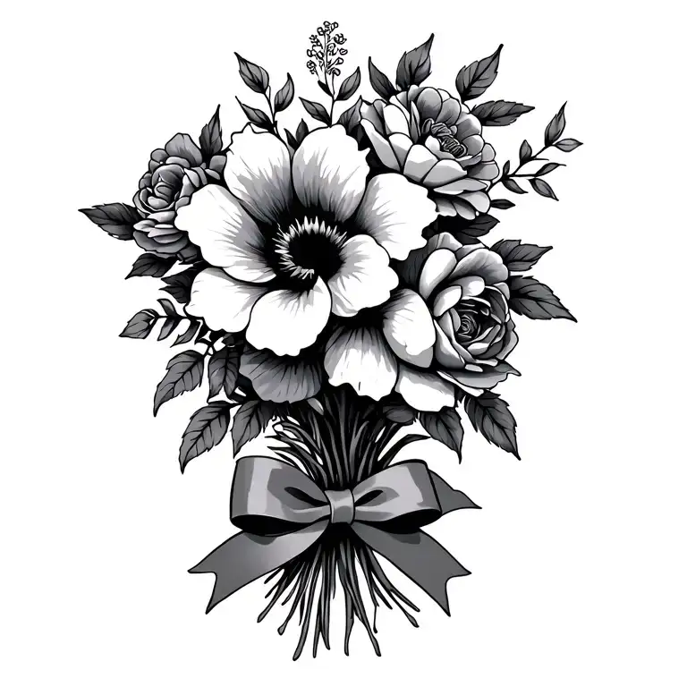 Fine line tattoo for Lilacsunflower Rose Chinese Hibiscus Peonies bouquet with bow at the bottom of stems black and gray tattoo design idea