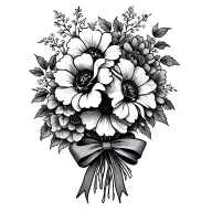 Fine line tattoo for Lilacsunflower Rose Chinese Hibiscus Peonies bouquet with bow at the bottom of stems black and gray tattoo design idea