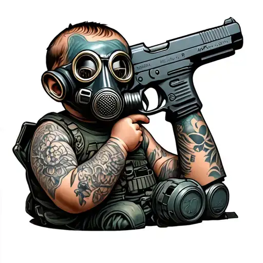 angle baby with gasmask with glock tattoo design idea