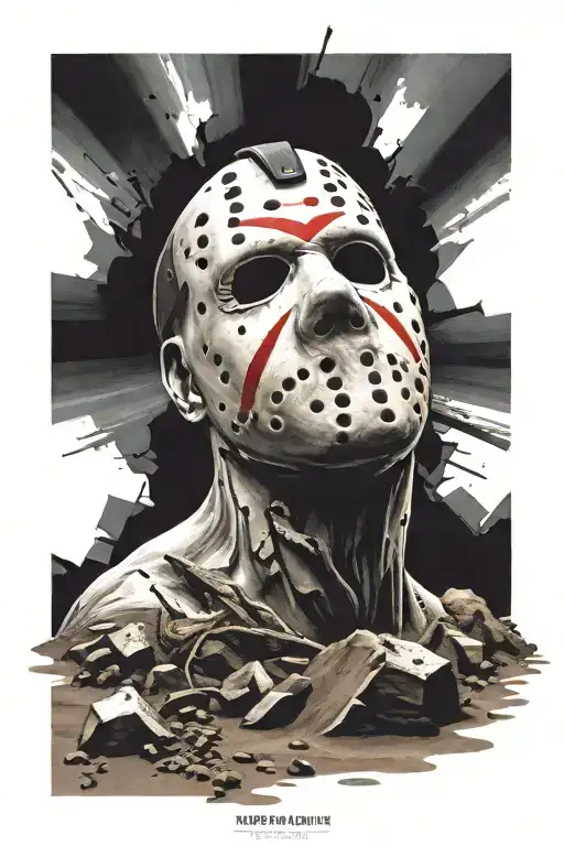 cross on a mound of dirt with a jason vorhees mask laying ontop the dirt tattoo design idea