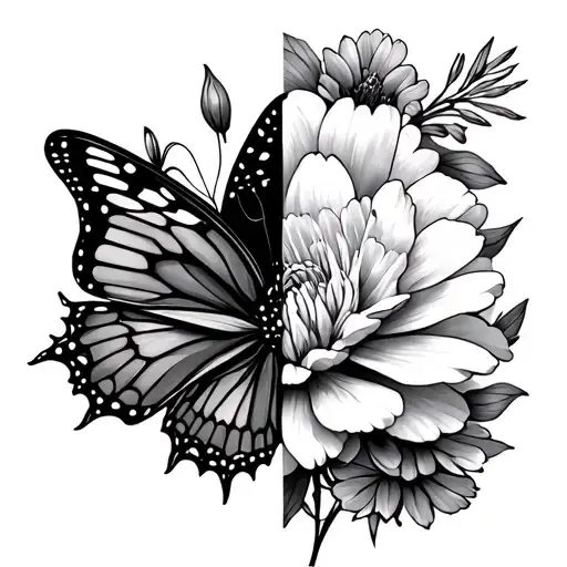half butterfly and half carnation flower and anemones flower  tattoo design idea