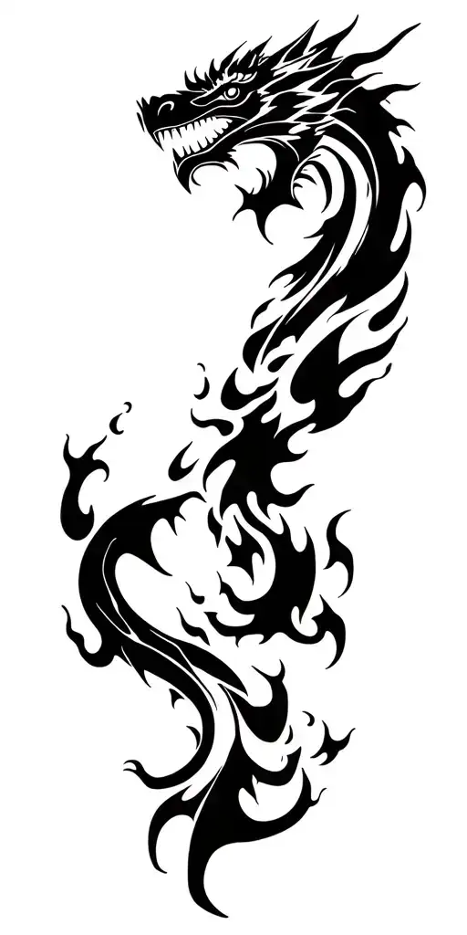 bold fierce dragon head tattoo wrapped around arm surrounded by black bold flame ink tattoo design idea