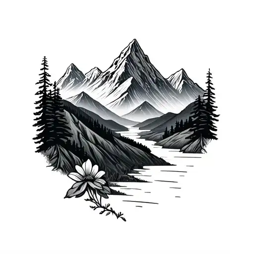 mountain with a winding valley and a small flower at the bottom of the valley tattoo design idea