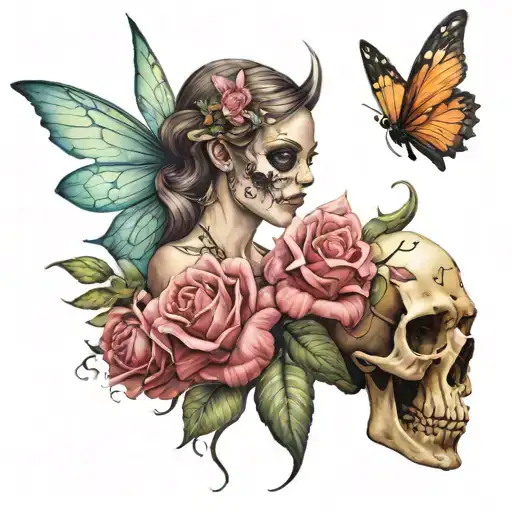 fairy and skull  tattoo design idea