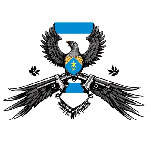 center of the Guatemalan flag but with the quetzal wings spread. including the guns of the flag and surroundings tattoo design idea