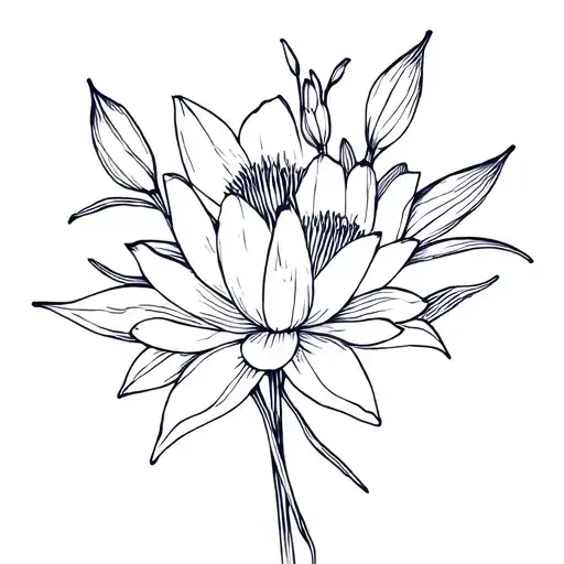 violet, water lily, and gladiolus fine line bouquet tattoo design idea