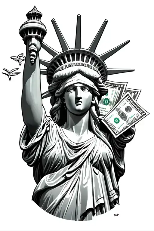 lady liberty blindfolded with money and muzzled tattoo design idea