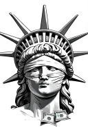 lady liberty blindfolded with money and muzzled tattoo design idea