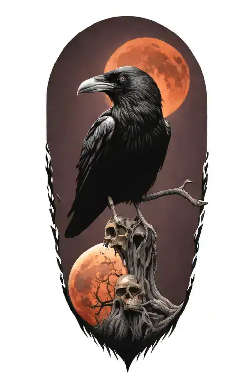 raven on skull blood moon tattoo design idea