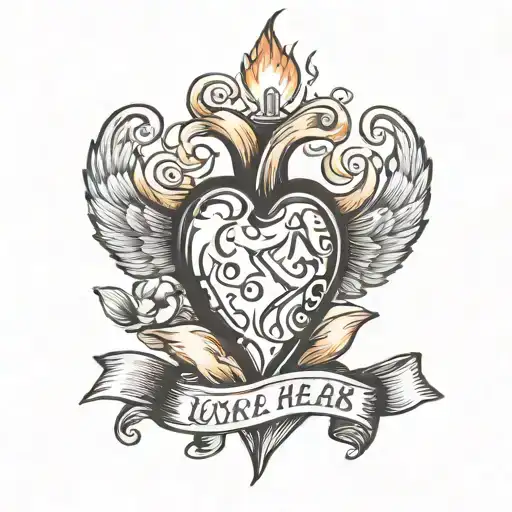 a black hear with a ribbon saying "Lukas" and a lit torch going through the heart tattoo design idea
