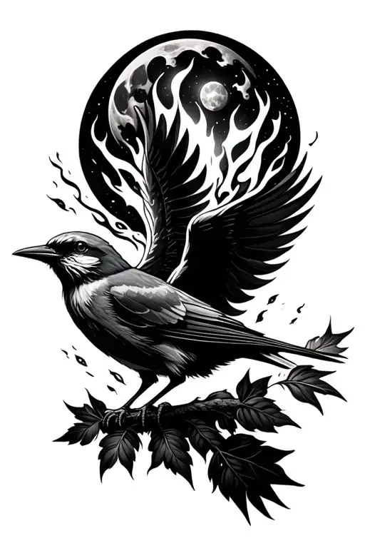 a shrike whose feathers disintegrate into fire, embers, galaxies, embers, leaves, feathers, soaring towards a full moon tattoo design idea