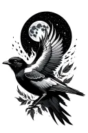 a shrike whose feathers disintegrate into fire, embers, galaxies, embers, leaves, feathers, soaring towards a full moon tattoo design idea