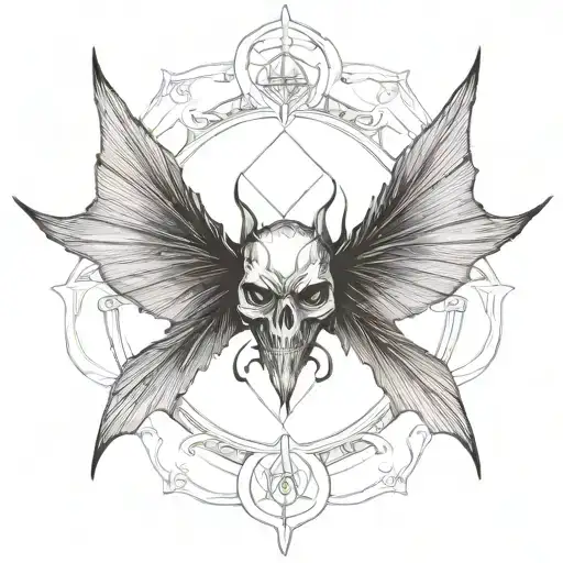 seraphim, 6 large bat wings, large demon eye in the centre, gothic tattoo design idea