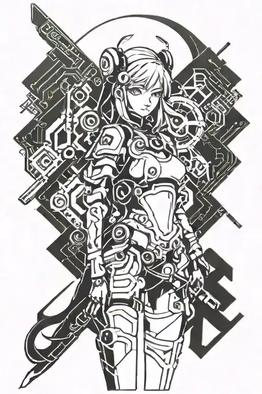 anime girl tattoo with kanji and minimal clothing full body tattoo design idea