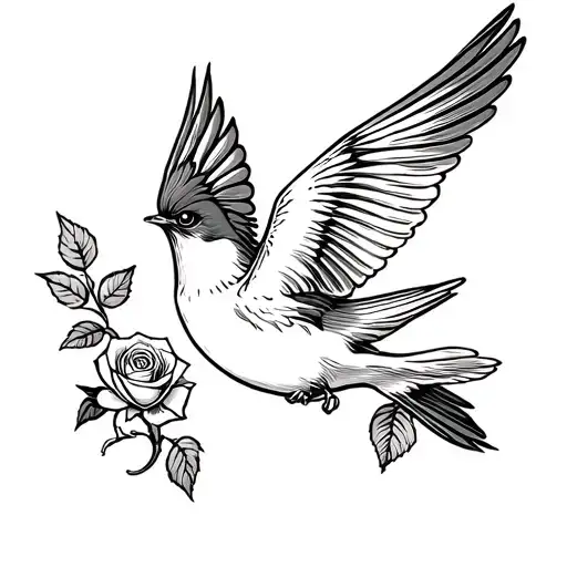 "A black and white linework tattoo design of a classic traditional swallow in mid-flight, holding a detailed rose in its tattoo design idea