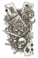 A tattoo design combining a deck of playing cards with various weapons, symbolizing luck and strength in battle tattoo design idea