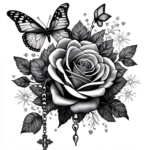 Can you design me a ankle tattoo rosary ,roses ,butterflies, sparkles, and hearts tattoo design idea