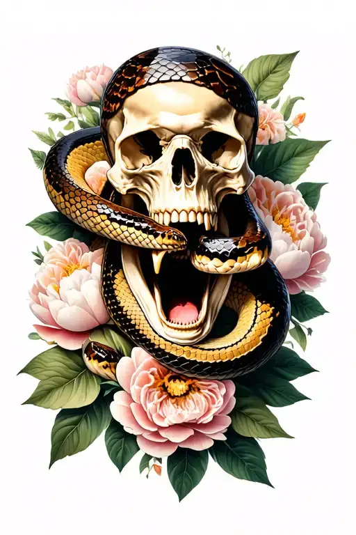 screaming skull, large python snake wraps the skull, in the background leaves and flowers of peonies.  tattoo design idea