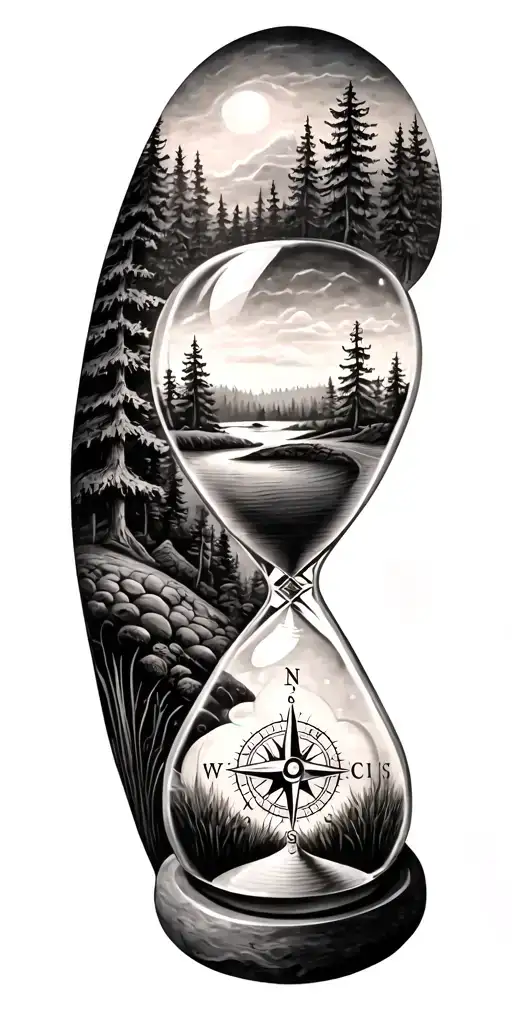 family and forest and hour glass and compass golf course tattoo design idea