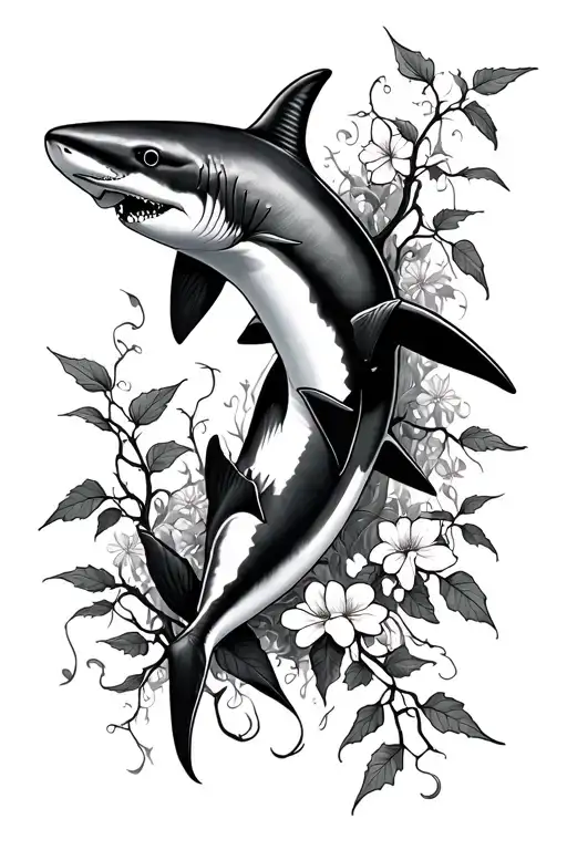 2 sharks swimming towards each other with poison ivy vines and flowers  tattoo design idea