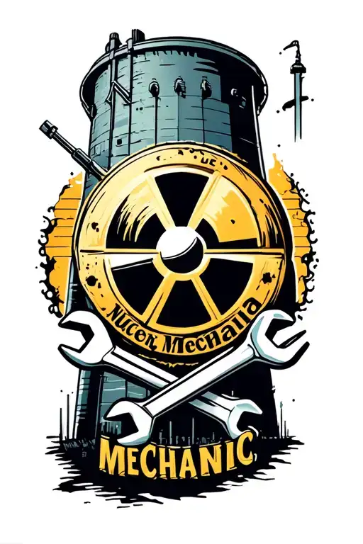 radiation symbol with wrenches crossed through it with a cooling tower in the background and the words nuclear mechanic  tattoo design idea