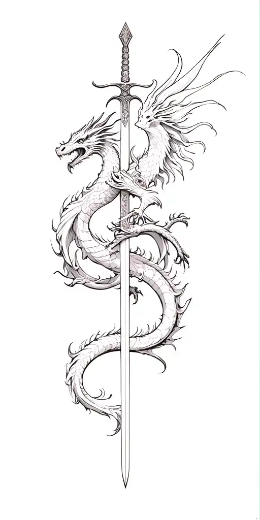 Dragon and phoenix wrapped around the sword tattoo design idea