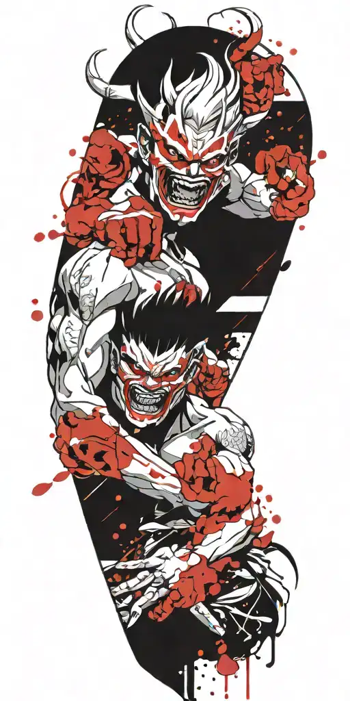 anime character wearing a  oni mask fighting off inner demons tattoo design idea