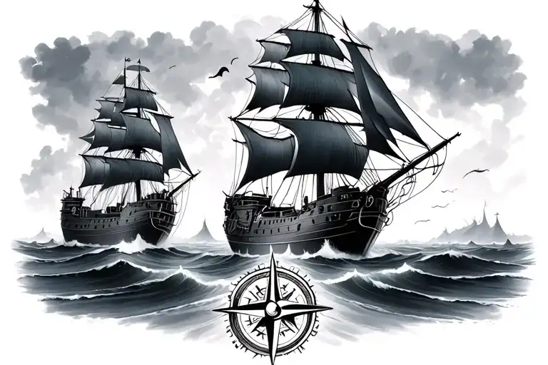 compass with the black pearl ship from the movie tattoo design idea