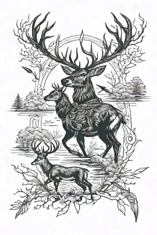 A blackwork tattoo of a detailed hunting scene with ducks, deer, and arrows intertwined in a dynamic composition tattoo design idea