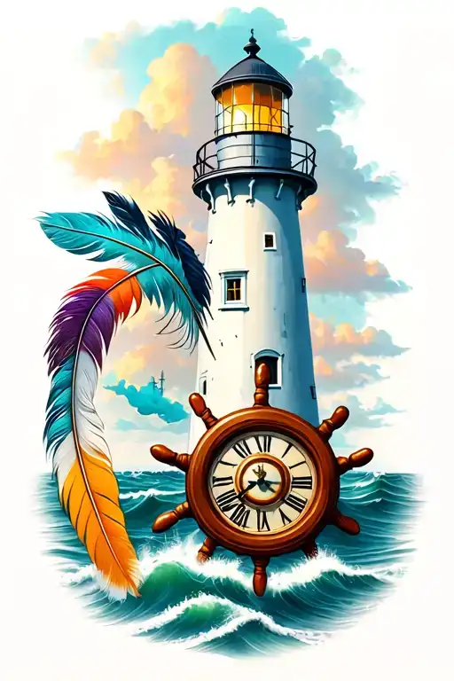 lighthouse with clock and ships wheel and indian feathers tattoo design idea