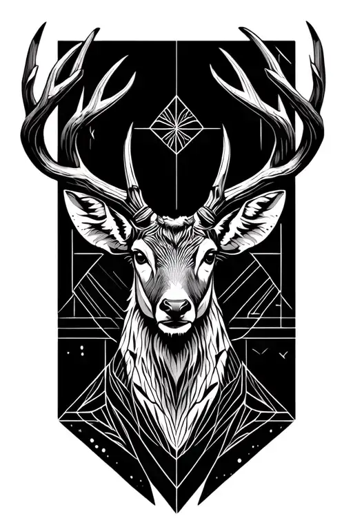 mitological deer with big horns and geometrical symbols together tattoo design idea