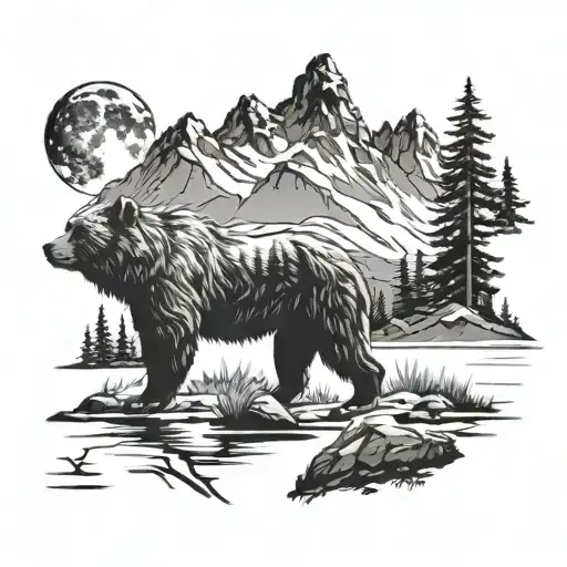 Mountains Lakes Nature, Bear, Wolf silhouette tattoo design idea
