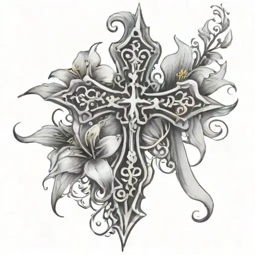 triple cross with lillies wrapping tattoo design idea
