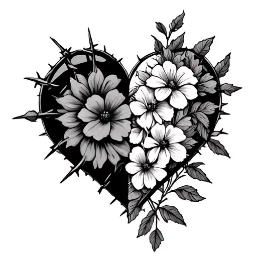 half flowers half barbed wire heart shape tattoo design idea