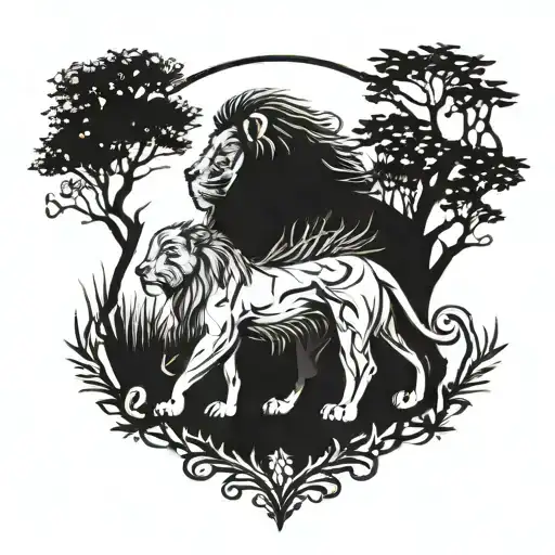 A majestic lion standing proudly with a family tree growing from its mane tattoo design idea