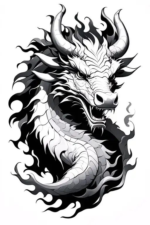 female metal dragon with a flaming ox, Chinese zodiac tattoo design idea