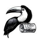 “A minimalist line art drawing of a toucan drinking from a soda can using a straw like the catfish & the bottlemen cover tattoo design idea