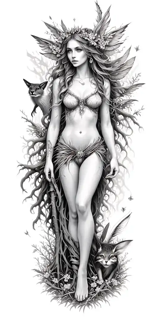 A mystical forest nymph surrounded by woodland creatures and elements of Irish folklore tattoo design idea