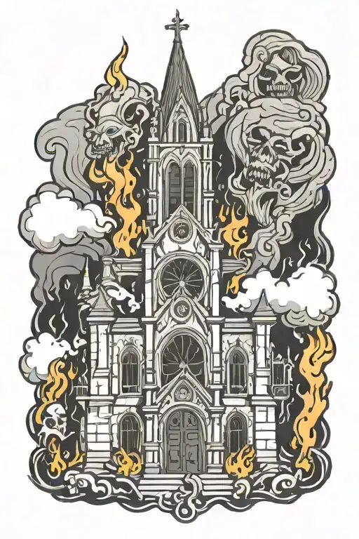 gothic church on fire in hell with demons tattoo design idea