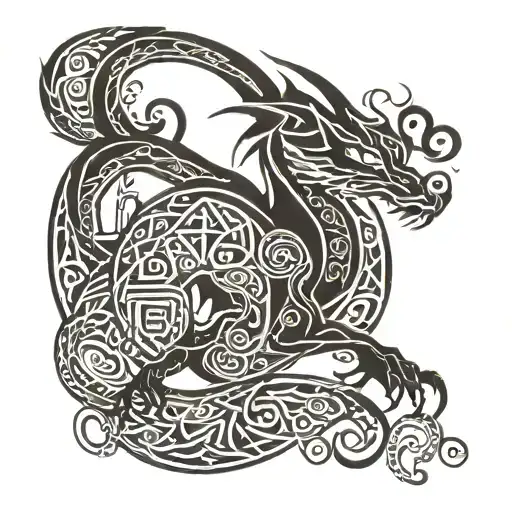 dragon eat his tail around a celtic tree of life tattoo design idea