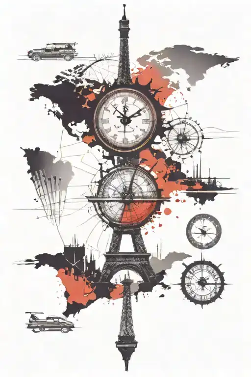 world map, compass, eiffel tower, dubai tower skyline, clock, compass, watchmaking, punk tattoo design idea