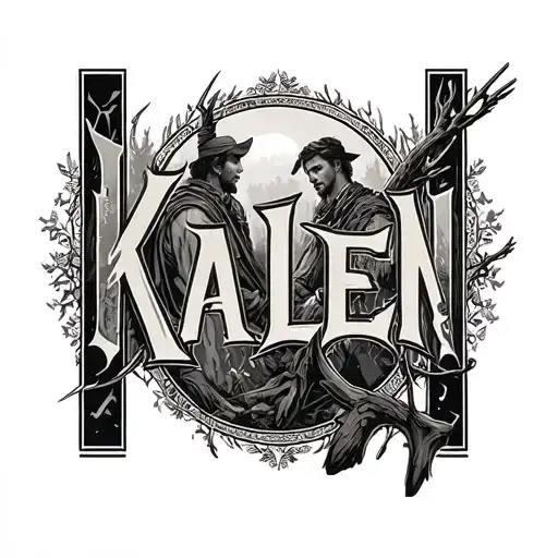 the name KALEN with profound meaningful images in each letter timeless legendary hunting 2 sons  tattoo design idea