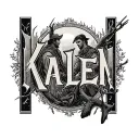 the name KALEN with profound meaningful images in each letter timeless legendary hunting 2 sons  tattoo design idea