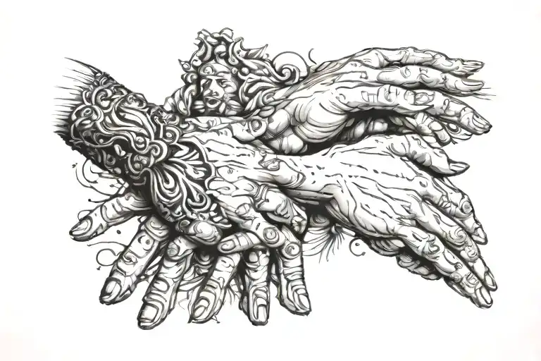 duality based on two hands touching from the creation paint of michelangello from sixteen chapel. tattoo design idea