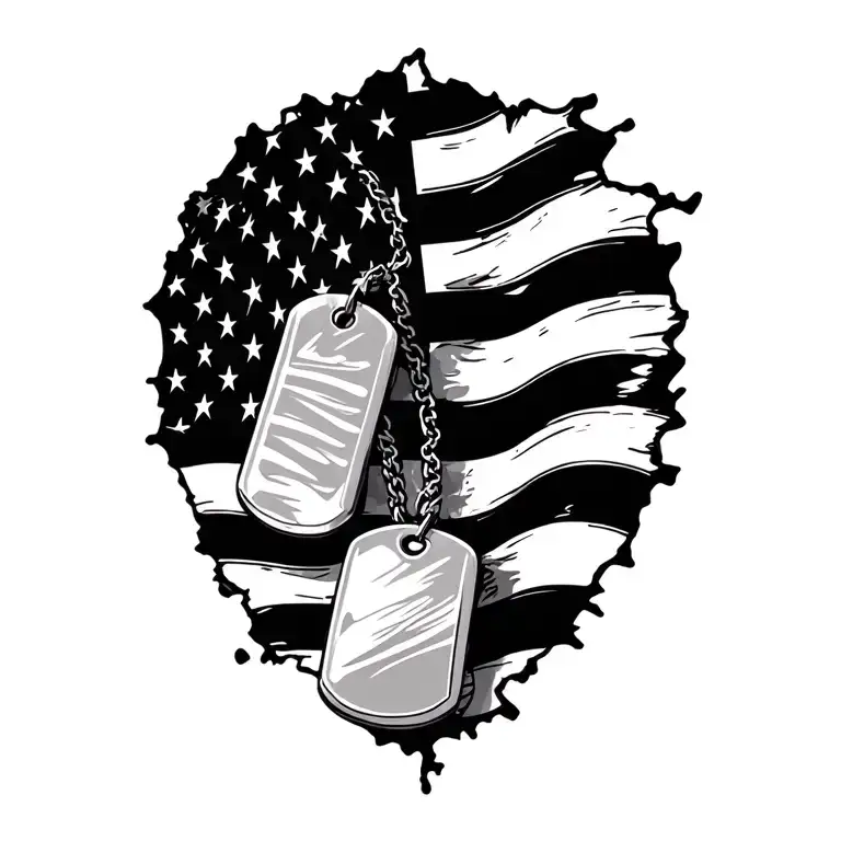 tattered American flag with a pair of dog tags intertwined tattoo design idea