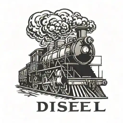A black and white ambigram of the word "Diesel" in the shape of a old fashioned train from the side. tattoo design idea