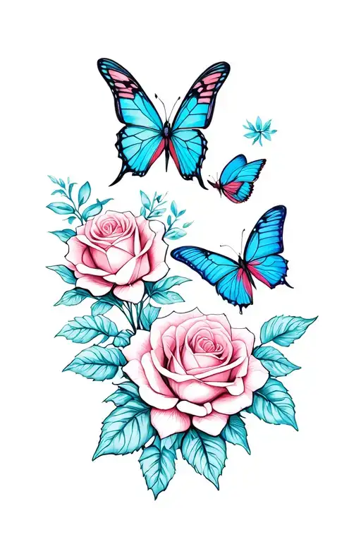 butterflies and roses blooming tattoo design idea