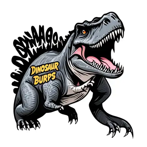 cute detailed  cartoon dinosaur  burping with a logo that says dinosaur burps tattoo design idea