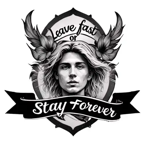 Create an image of a tattoo that embodies the essence of the Sam Fender lyrics "leave fast or stay forever." tattoo design idea