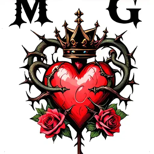 "M G" Gothic-style heart entangled with thorns, topped with a crown, four roses, and two angry snakes with Gothic-style letter tattoo design idea